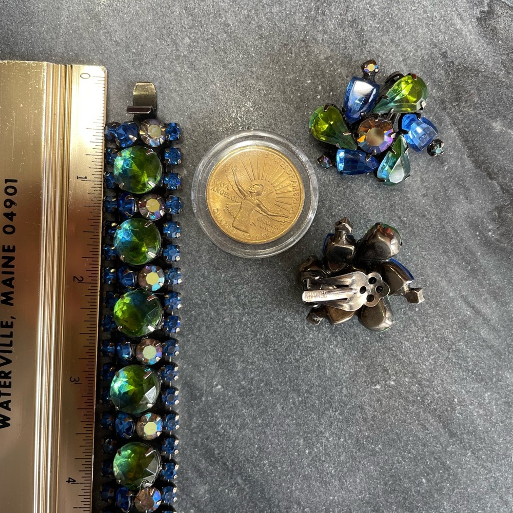 Vintage Kramer New York Blue Green Crystal Bracelet Earrings Set - Picture 9 of 12